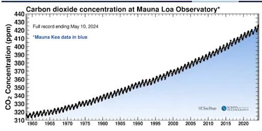 Carbondioxide concentrationat Mauna Loa Observatory. Schema UC San Diego, Scripps Institute of Oceanography